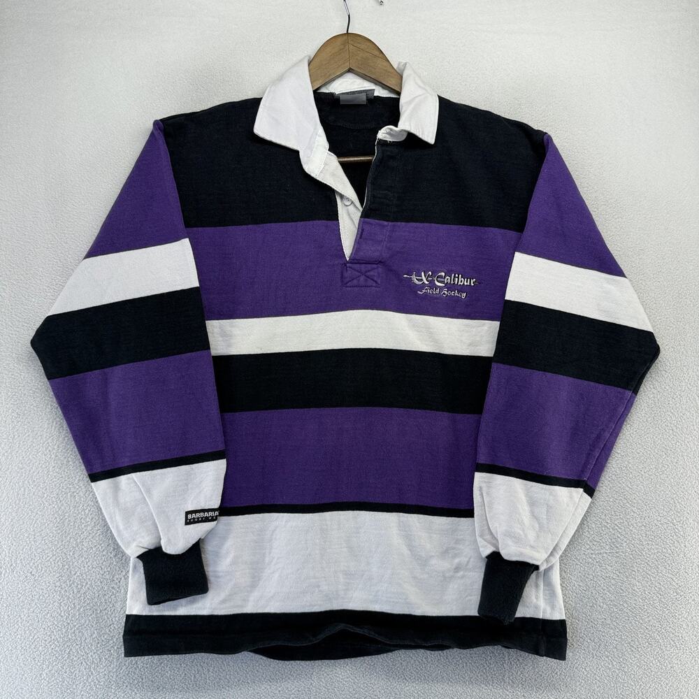 Vintage Barbarian Rugby Shirt Mens Medium Black Purple Xcalibur Sword thick 90s